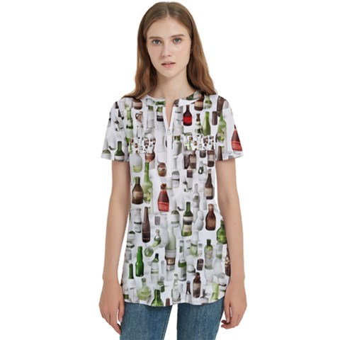 Bottle Chic Print Patterns Women s Zip Front V-neck Short Sleeve Casual Top Pocket Shirt by BellaVistaTshirt02