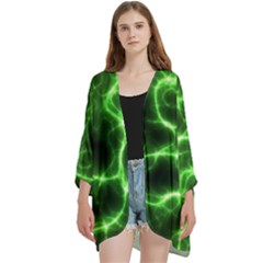 Lightning Electricity Pattern Green Open Front 3/4 Sleeve Batwing Chiffon Cardigan Kimono