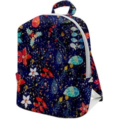 Festive Floral Pattern Christmas Blue Floral Flower Foliage Leaves Pattern Red Snow Winter Zip Up Backpack by Maspions