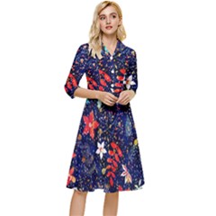 Festive Floral Pattern Christmas Blue Floral Flower Foliage Leaves Pattern Red Snow Winter Classy Knee Length Dress by Maspions