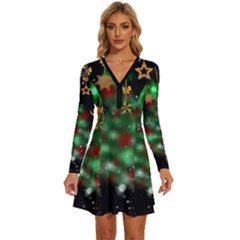 Christmas Star Jewellery Long Sleeve Deep V Mini Dress  by anzea