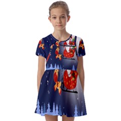 Deer Santa Claus Flying Trees Moon Night Merry Christmas Kids  Short Sleeve Pinafore Style Dress by anzea