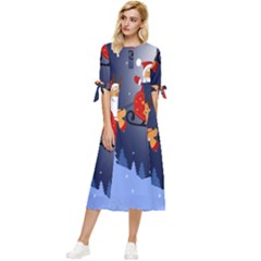 Deer Santa Claus Flying Trees Moon Night Merry Christmas Bow Sleeve Chiffon Midi Dress by anzea