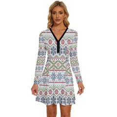 Christmas Star Flower Red Blue Long Sleeve Deep V Mini Dress  by anzea