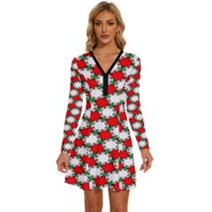 Christmas Star Red Green Long Sleeve Deep V Mini Dress  by anzea