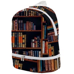 Assorted Title Of Books Piled In The Shelves Assorted Book Lot Inside The Wooden Shelf Zip Bottom Backpack by Bedest