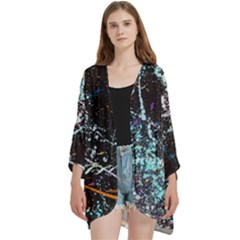 Abstract Colorful Texture Open Front 3/4 Sleeve Batwing Chiffon Cardigan Kimono by Bedest