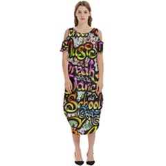 Graffiti Word Seamless Pattern Cold Shoulder Loose Fit Dress With Pockets by Bedest