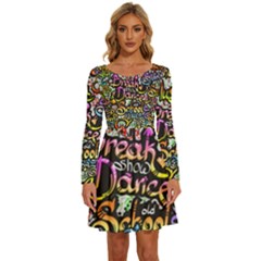 Graffiti Word Seamless Pattern Long Sleeve Wide Neck Velvet Dress by Bedest