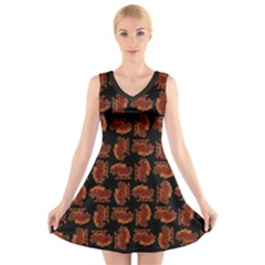 Fantasy Skeleton Dragon Hand Drawn Motif Pattern V-neck Sleeveless Dress by dflcprintsclothing