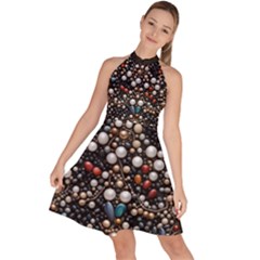 Pearls And Stones Sleeveless Halter Neck A-line Dress by dedoma