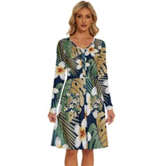 Seamless Pattern With Tropical Strelitzia Flowers Leaves Exotic Background Long Sleeve Dress With Pocket by Ket1n9