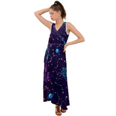 Realistic Night Sky Poster With Constellations V-neck Chiffon Maxi Dress by Ket1n9