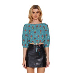 Whimsical Mushroom Pattern Mid Sleeve Drawstring Hem Top by Drawde