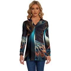 Colorful Peacock Bird Feathers Long Sleeve Drawstring Hooded Top by Apen