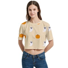 Pumpkin And Boo Crew Halloween  Women s Round Neck Short Sleeve Crop Top by Safari