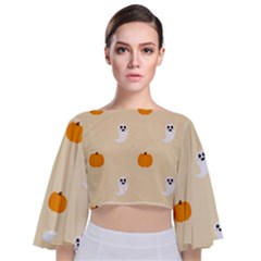 Pumpkin And Boo Crew Halloween  Tie Back Butterfly Sleeve Chiffon Top by Safari