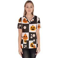 Seamless Halloween Pattern With Smiling Pumpkin 20240926 161714 0000 Women s V-neck Scrub Top by Safari