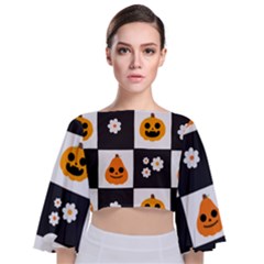 Seamless Halloween Pattern With Smiling Pumpkin 20240926 161714 0000 Tie Back Butterfly Sleeve Chiffon Top by Safari