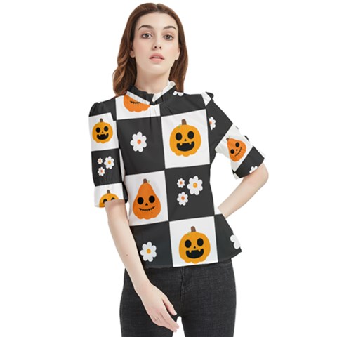 Seamless Halloween Pattern With Smiling Pumpkin 20240926 161714 0000 Frill Neck Blouse by Safari