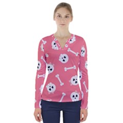 Halloween Pattern With Sculles And Bones 20240926 160927 0000 V-neck Long Sleeve Top by Safari