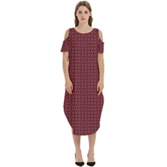 Brown Red Dot Pattern Cold Shoulder Loose Fit Dress With Pockets