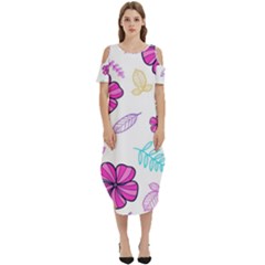 Flowers Leaves Pattern Art Bloom Cold Shoulder Loose Fit Dress With Pockets by Grandong