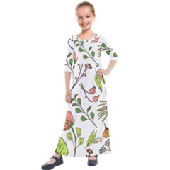 Line Floral Art Pattern Ornament Kids  Quarter Sleeve Maxi Dress by Grandong