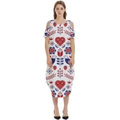 Scandinavian Folk Seamless Pattern Cold Shoulder Loose Fit Dress With Pockets