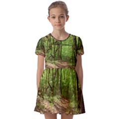 Peaceful Green Forest Walk Kids  Short Sleeve Pinafore Style Dress by ExtraGoodSauce