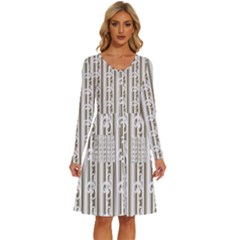 A White And Brown Striped Wallpaper With A Pattern Long Sleeve Dress With Pocket by catchydesignhill