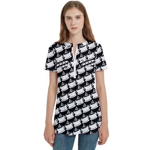 Stylish Coffee Cup Pattern Women s Zip Front V-neck Short Sleeve Casual Top Pocket Shirt by ExtraAwesomeSauce