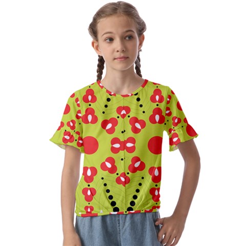 A Green And Red Flower With Black Dots Kids  Cuff Sleeve Scrunch Bottom T-shirt by catchydesignhill