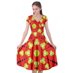 A Red And Yellow Flower With Black Dots Cap Sleeve Wrap Front Dress by catchydesignhill