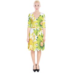 Two Yellow And Green Flowers On A White Background Wrap Up Cocktail Dress by catchydesignhill