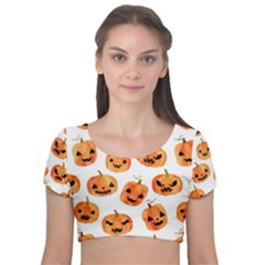 Orange Carved Pumpkins, Adoxali, Halloween Velvet Short Sleeve Crop Top  by kyorashop23