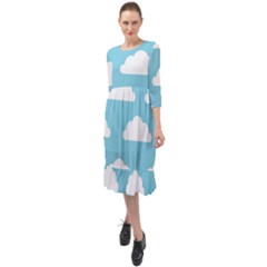 Clouds Blue Pattern Ruffle End Midi Chiffon Dress by ConteMonfrey