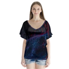 Abstract Feathers V-neck Flutter Sleeve Top by Apenda