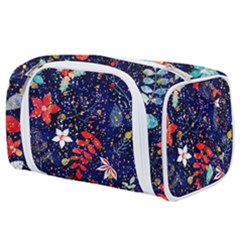 Festive Floral Pattern Christmas Blue Floral Flower Foliage Leaves Pattern Red Snow Winter Toiletries Pouch by Maspions