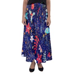 Festive Floral Pattern Christmas Blue Floral Flower Foliage Leaves Pattern Red Snow Winter Flared Maxi Skirt by Maspions