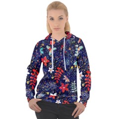 Festive Floral Pattern Christmas Blue Floral Flower Foliage Leaves Pattern Red Snow Winter Women s Overhead Hoodie by Maspions