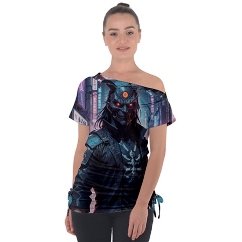 Cyberpunk Demon Samurai Off Shoulder Tie-up T-shirt by AwesomeSauce