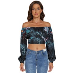 Cyberpunk Demon Samurai Long Sleeve Crinkled Weave Crop Top by AwesomeSauce