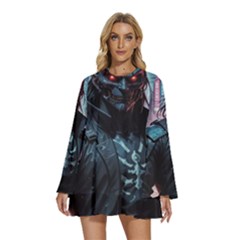 Cyberpunk Demon Samurai Round Neck Long Sleeve Bohemian Style Chiffon Mini Dress by AwesomeSauce