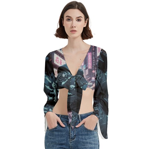 Cyberpunk Demon Samurai Trumpet Sleeve Cropped Top by AwesomeSauce