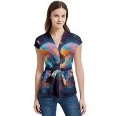 Cosmic Jellyfish Artwork Women s Cap Sleeve Mandarin Collar Waist Tie Blouse by ExtraAwesomeSauce