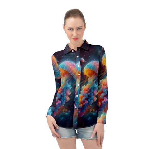 Cosmic Jellyfish Artwork Long Sleeve Chiffon Shirt by ExtraAwesomeSauce