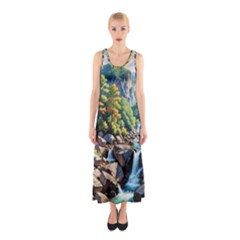 Serene Mountain Waterfall Landscape Sleeveless Maxi Dress by ExtraAwesomeSauce