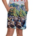 Serene Mountain Waterfall Landscape Kids  Basketball Shorts View3