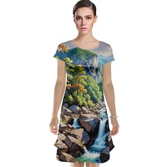 Serene Mountain Waterfall Landscape Cap Sleeve Nightdress by ExtraAwesomeSauce